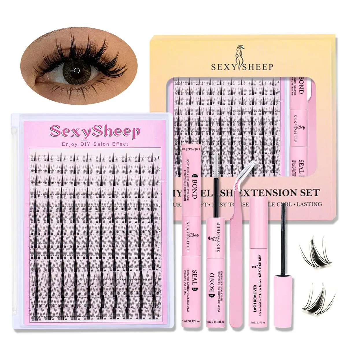 Manga C Curl Wet Look Eyelashes Extension Kit, Eyelash Clusters with Bond and Seal & Tweezers & Remover, Eye Makeup Enhancement Tool for Women, Eyelas