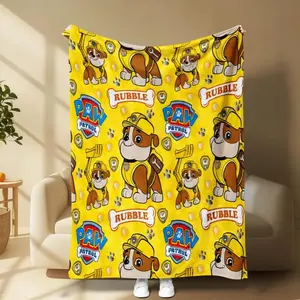 Paw Patrol Rubble Flannel Blanket, Bright Yellow Cartoon Collage Design With Classic Character Elements, Soft Cozy Throw Blanket For Bed Sofa Couch Nap Office Travel Camping, Lightweight Decorative Blanket,Christmas Gift,Halloween Gift,Birthday Gift