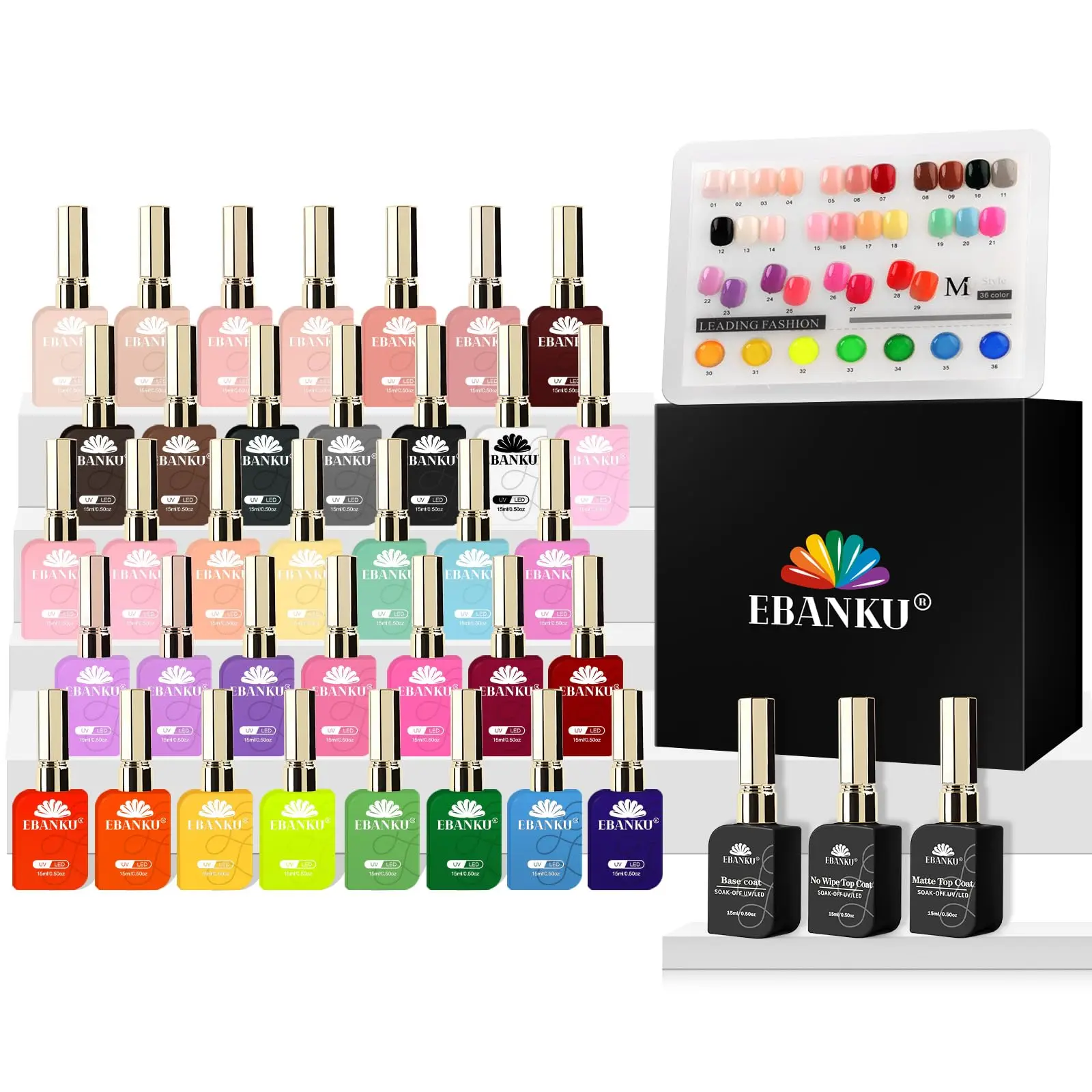 EBANKU 36-Color Soak-Off UV Gel Nail Polish Kit - 15ml Highly Pigmented Long-Lasting UV-Cure Multi-Pack, Salon-Quality Manicure & Nail Art Supplies for Women, Flawless DIY Gift for Holiday Valentine’s Day
