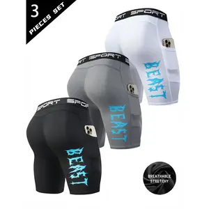 Men's 3-Pack Compression  with" Beast" Print, Quick-Dry and Stretch Fabric, Suitable for Gym, Running and Basketball, Dry Fit  summer thermal Seamless Low Waist Scrunch Bum Shorts Camo Mesh Hunting Low-Waist Fluffy Stitching clothing men