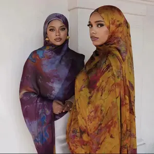 180*85cm Luxury Muslim Women Satin Painting Hijab Shawl