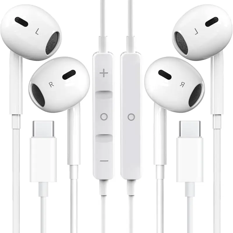 Type-C Wired Semi-In-Ear Electronic Headset with Volume Control, Mic, HiFi Stereo, Noise Isolation, Headphone Jack - Plug-In Earbuds for Gaming, Leisure - Compatible with Devices Including iPhone, Galaxy S23-S20/Ultra, Note 10/20, Pixel 7-4, OnePlus 9/8