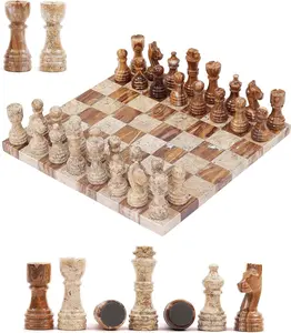 Elborse Marble Chess Set for Adults 12" Handmade  Board Game with 32 Chess Pieces, 2 Extra Queens Luxury Board Game for Dining Table and Elegant Home Decor