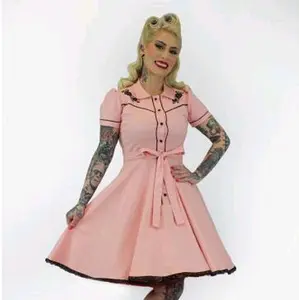 Pink Black Rose Vintage Rockabilly Western Country Women Dress XS-3XL