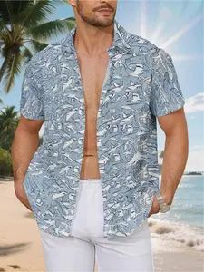 Men's Short-Sleeve Shirt - Flat Digital Print Pattern - No Texture - A Group of Sharks Swimming on a Light Blue Background, Fashionable and Simple Short Sleeve, Buttoned, Casual Collar Shirt, Stylish and Versatile, Suitable for Dates, Beach Vacations, a P