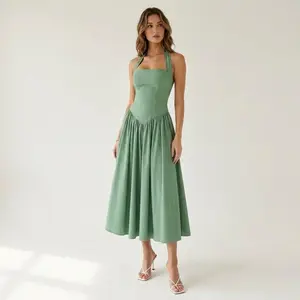 Women's Solid Color Halter Midi Dress – High Waist Flowy A-Line Dress – Elegant Casual Wear for Summer Street Style