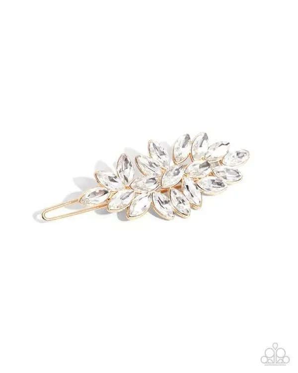 Royal Roulette - Gold White Rhinestone Hair Clip - Paparazzi
