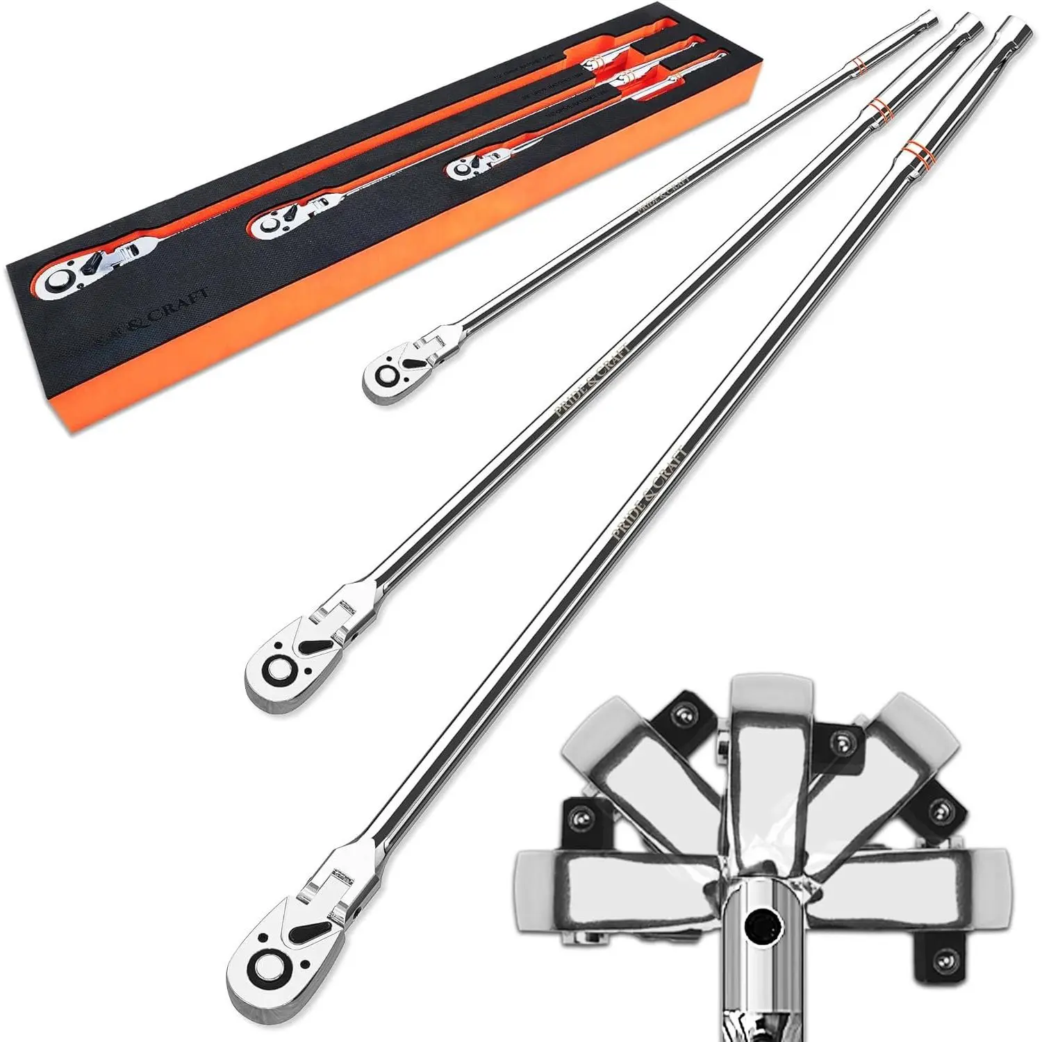 3 count Drive Extra Long Flex  Ratchet 72-, Socket Wrench Quick Release Reversible Design, Swivel  Ratchet, Chrome Alloy Made, EVA Organizer