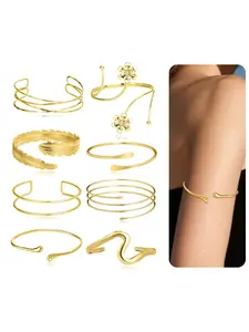 8Pcs Arm Cuff Open Upper Arm Band Bangle Bracelet Coil Flower Feather Swirl Filigree CZ Armlet Jewelry for Women Men Gold Tone Size Adjustable