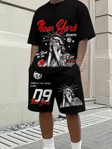 Men's 3D Digital Print Round Neck Short Sleeve Set, Vintage High Street Casual Aesthetic Style, Free Goddess 3D Print, Quick-Dry Summer Fitness & Vacation Wear