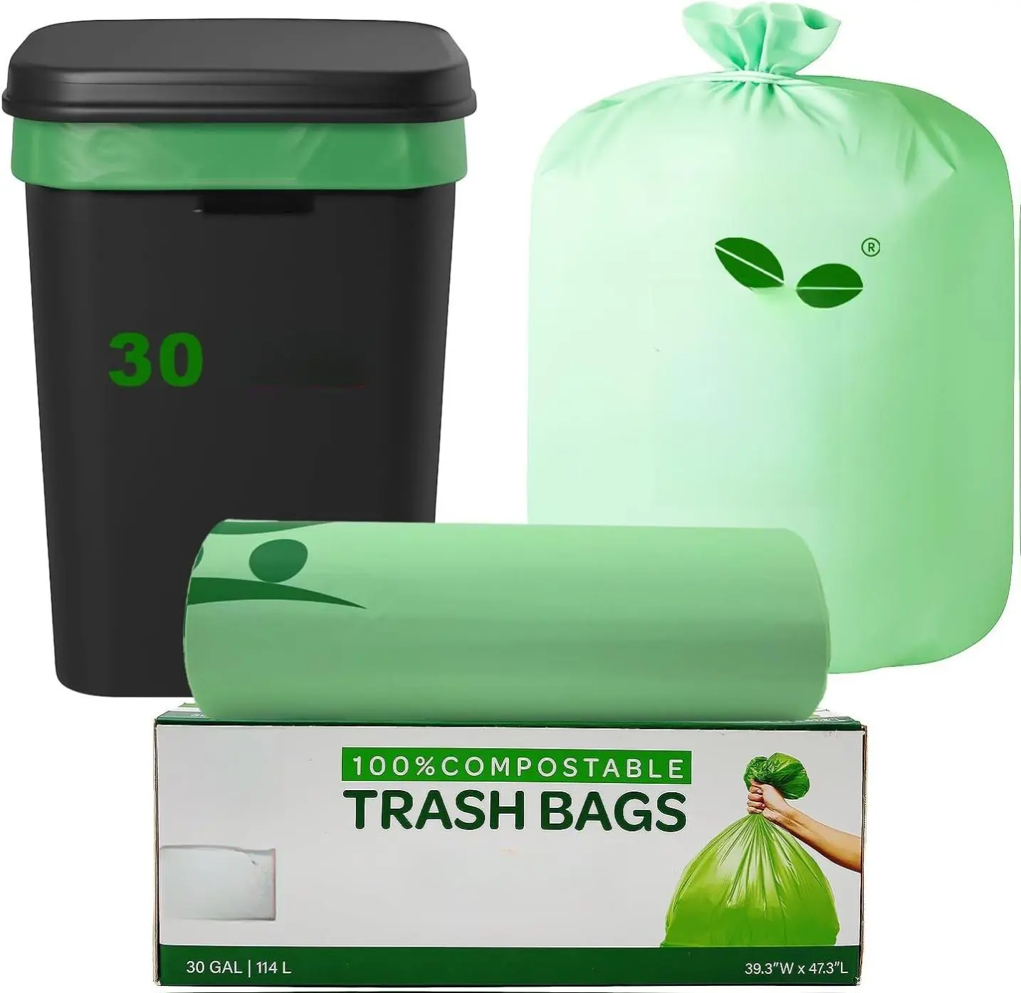 FPN Compostable Trash Bags with Handle Ties | Heavy Duty Plant-Based Kitchen Garbage Bags | Leak Resistant, Odor Control, Durable Waste Bags for Home & Office