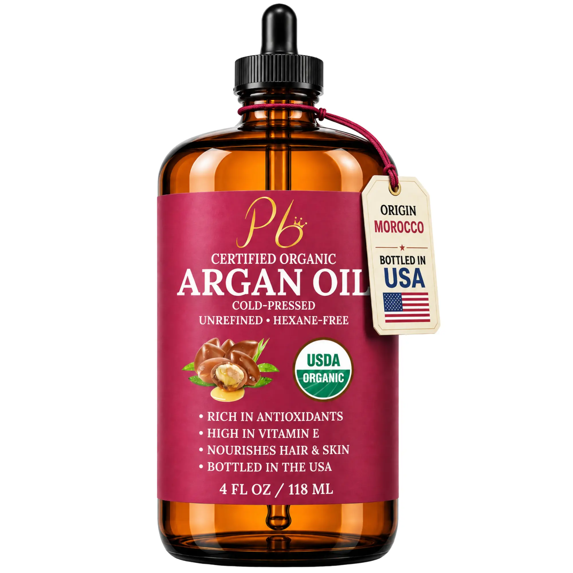 Pomberries USDA Organic Argan Oil 4 fl oz – Cold-Pressed, Unrefined Moroccan Argan Oil for Hair & Skin – Glass Bottle