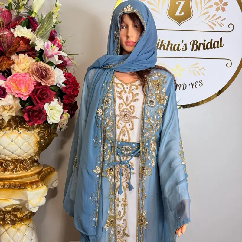 Handmade Beaded Crystal Kaftan Dress-Slate Gray