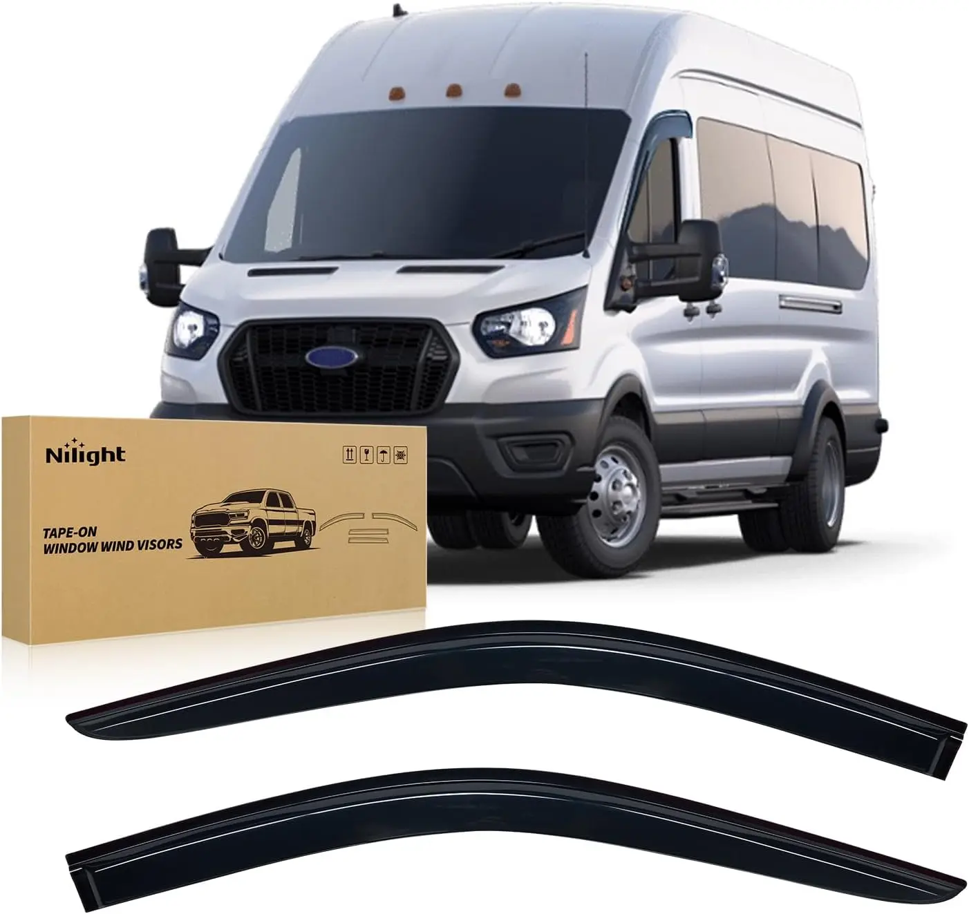 Nilight Automotive Acrylic Out-Channel Side Window Visor Deflectors - 2pcs Car Accessories Heat Bonded Rain Guards for Ford Transit Van 2014-2023, Keep Rain Out, Reduce Wind Noise, Enable Fog Prevention, 2 Piece Sets