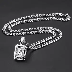 Silver Color Initial Letter A-Z Pendant Necklace 18"-22" Stainless Steel Curb Chain Charm Jewelry