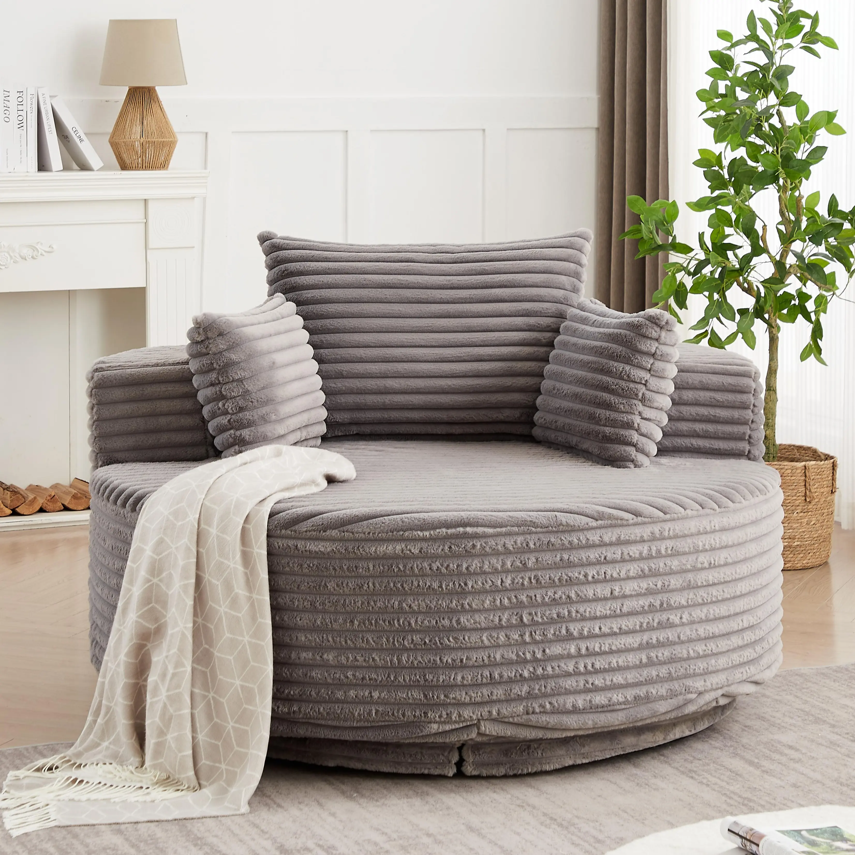Eyisean 55" Oversized 360 Degree Swivel Accent Barrel Chair, Modern Round Chaise Lounge Chair with Back Cushion & Throw Pillows, Upholstered Accent Chair with Deep Seat for Living Room/Bedroom/Apartment