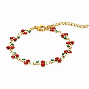 Cherry Bracelet with Red and Green Stones on Gold Chain