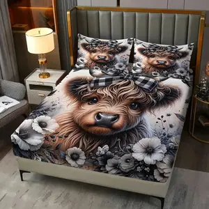 Cute Highland Cow Fitted Sheet Set, Bed Sheet Sets (3 Pcs): Includes 1 Fitted Sheet + 2 Pillowcases (No Filler), Flower, Butterfly, Bedroom, Pastoral - Style Homestay, Kids' Beds