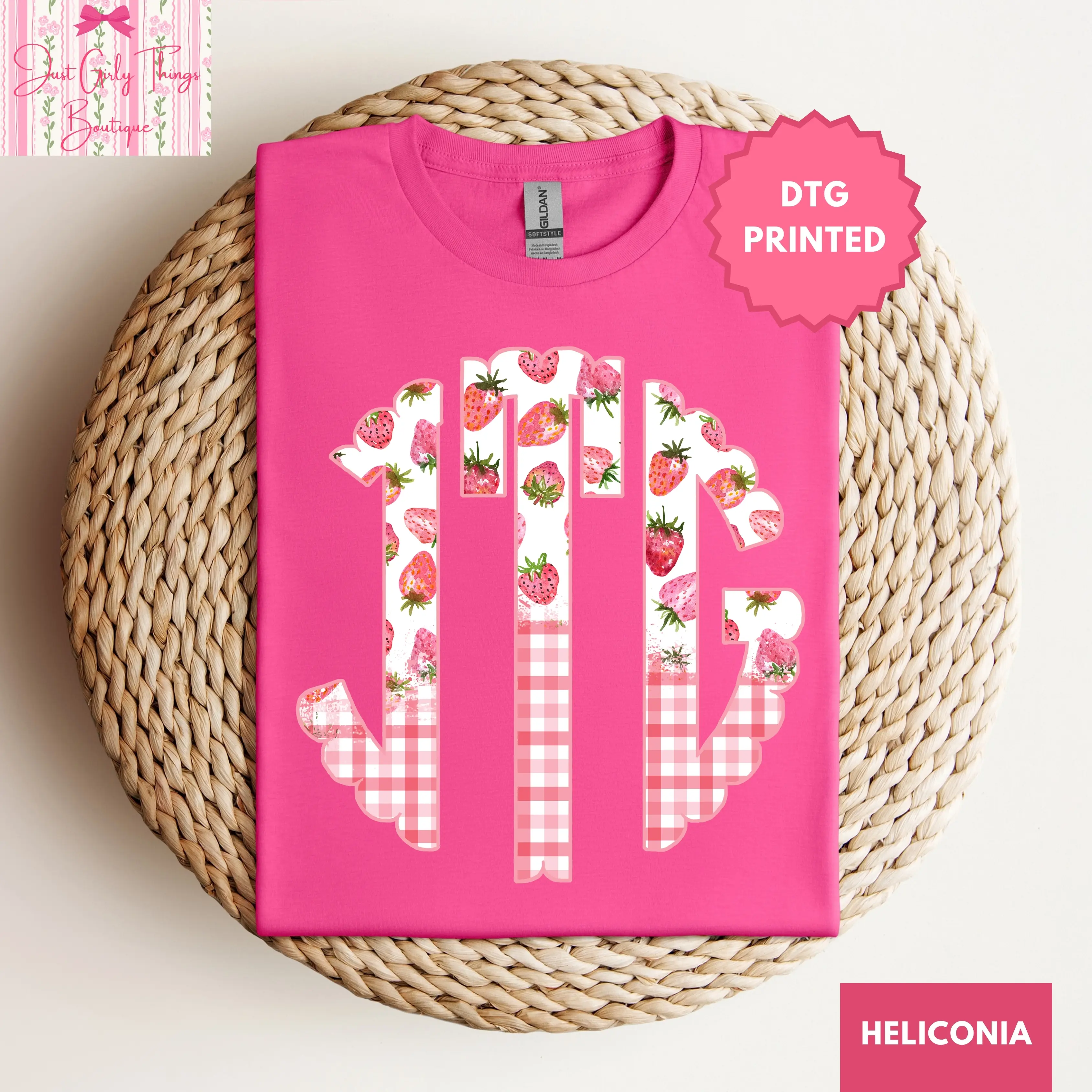 Custom Gingham Strawberry Monogram Shirt -Gildan 64000 Sofststyle Shirt (Leave First Name Initial, Last Name Initial, Middle Name Initial in Notes at Checkout), Custom Name Shirt, Personalized Name Shirt, Custom Monogram Shirt, Monogrammed Shirt