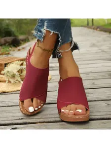 Women's Navy Blue Leather-Look Wedge Sandals, Open Toe Comfortable Platform Summer Shoes