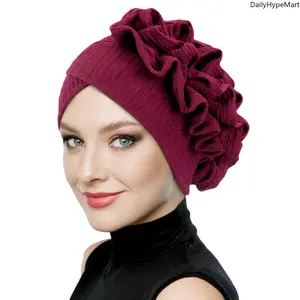 Ruffle Edge Pleated Turban Hat, Elastic Hair Care Bonnet for Women