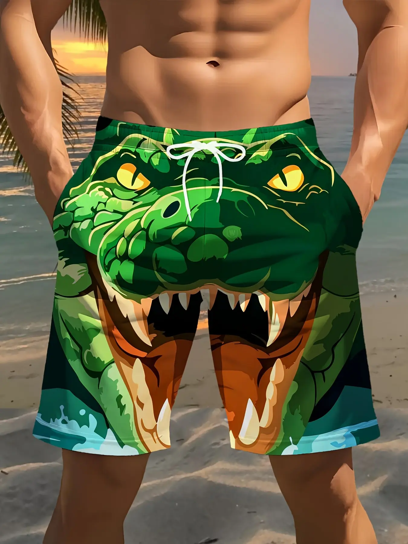 Men's fashionable casual crocodile pattern 3D printed beach shorts, comfortable, breathable, versatile men's shorts, lightweight and comfortable for summer casual wear.