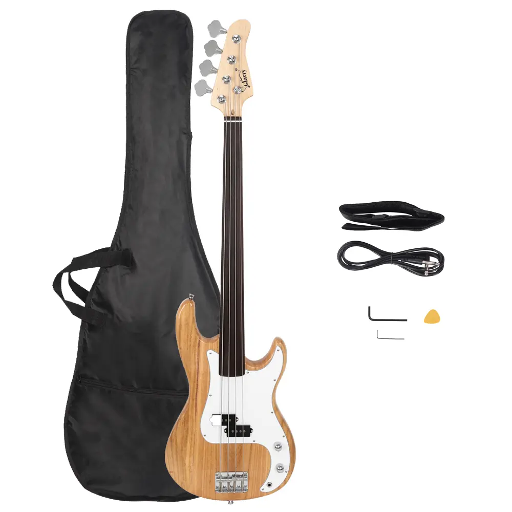 Glarry Full-Size Fretless 4-String Right-Hand Electric Bass Guitar - Basswood Body, Rosewood Fretboard, 1 Volume, 1 Tone, Lightweight, Burlywood Finish, 46.46x12.6x1.65 Inches, for Experienced Players, Includes Cord, Strap, Wrench Tool