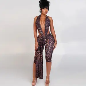 Women Deep V Halter Backless Bodycon Jumpsuit Sleeveless Solid Color Lingerie Multicolor