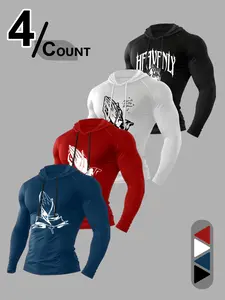 Men's 4-Piece Hooded Fitness Long Sleeve Set, Religious Prayer Print, Slim Fit Quick-Dry, Casual Fall Workout, Workout Gym Clothing, Gym Athletic Clothes