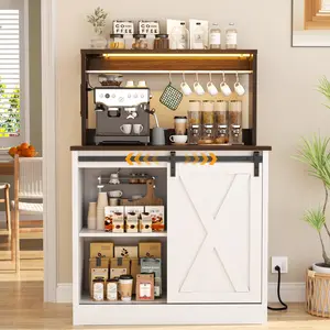 Unikito Farmhouse Style Coffee Bar Cabinet with Built-in Charging Station, LED Lights, Adjustable Shelves, Sliding Barn Door, Tabletop Shelf and Hooks