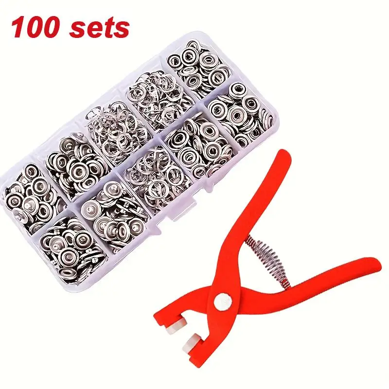 Metal Snap Fastener Kit, 100 Sets Metal Snap Fastener with Manual Press Plier and Transparent Storage Box, Sewing Accessories for Clothes, Hat, Bag