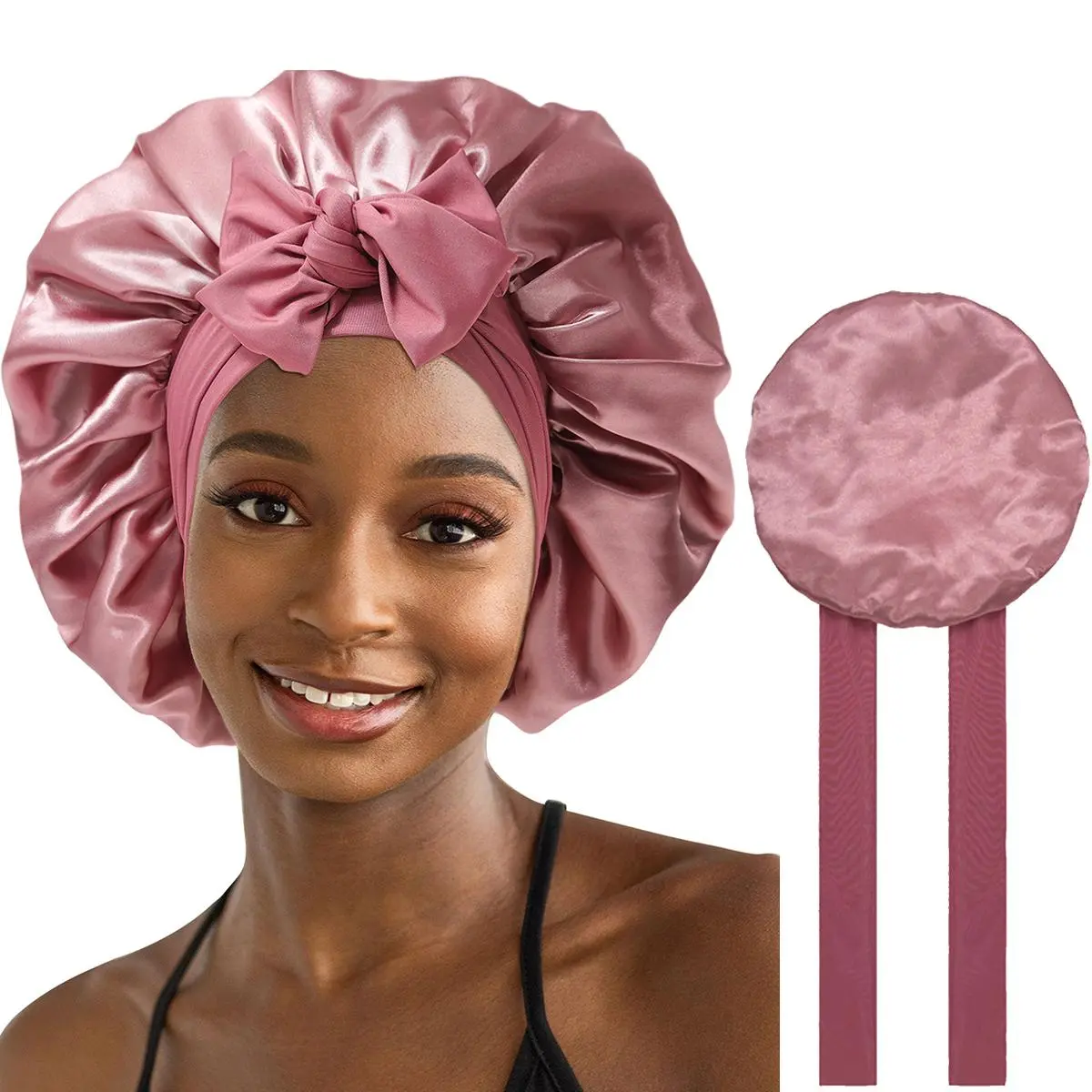 AWAYTR Women's Double Layer Satin Bonnet, Solid Adjustable Sleeping Cap for Haircare and Anti-Hair Loss, Protective