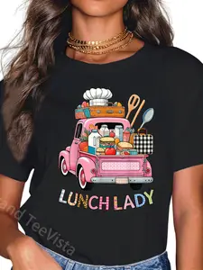 100% Cotton Unisex Cute Lunch Lady Truck Lunch Ladies Squad Cafeteria Crew T-Shirt Casual Graphic Printed Vintage Tshirt