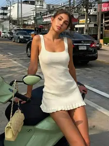 IYUNA Women's Summer Square Neck Fitted Knit Dress Ruffle Hem Design Suitable For Summer