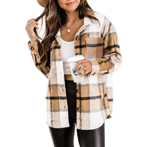 Women's 2025 Fall Clothes Plaid Shacket Jacket Long Sleeve Button Down Flannel Shirts Fashion Jacket Womenswear Coats