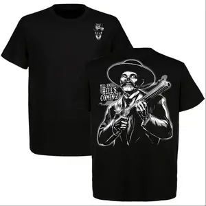 "Graphic T-shirt Tell 'Em Hell's Coming Tee, Cowboy Western Shirt, Unisex Casual Summer Top, Tombstone Lovers, Retro Streetwear, Outdoor Western Style, Rodeo, Country Lifestyle, Cowboy Gift"