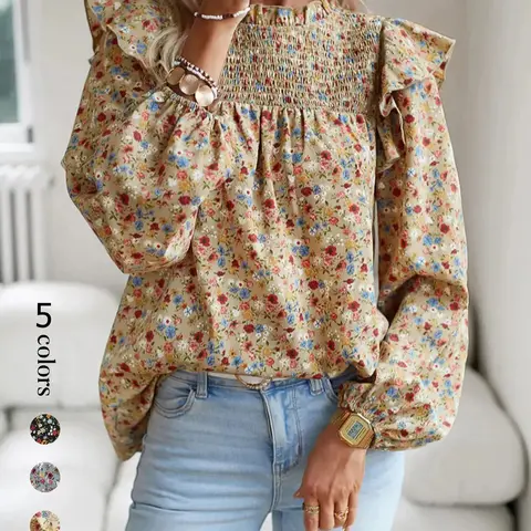 Women's Ditsy Floral Print Frill Trim Shirred Ruffle Blouse, Bohemian Ruffle Sleeves Boho Bishop Sleeve Top for Spring & Fall, Women's Clothing for Daily Wear