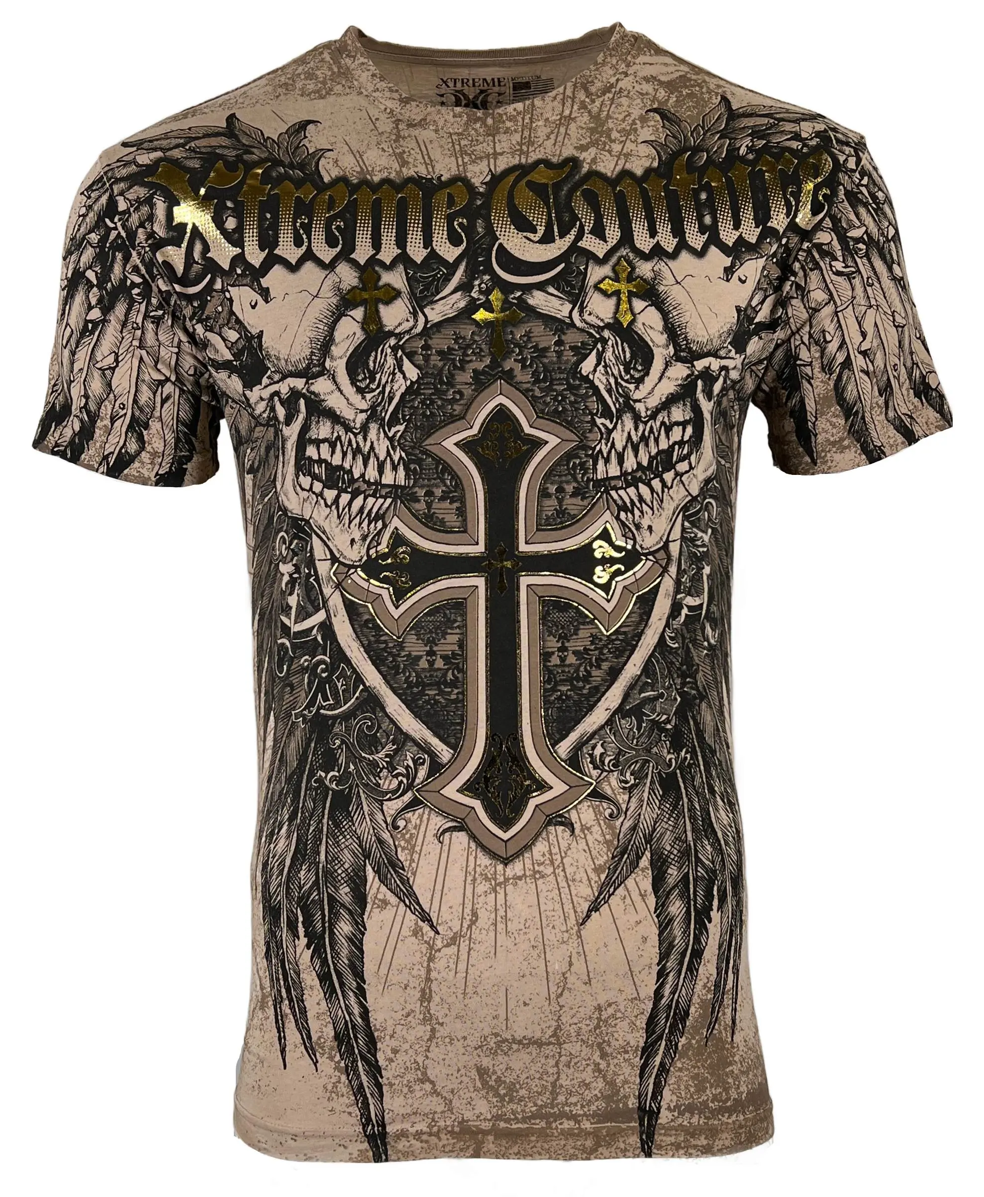 Xtreme Couture by Affliction Men's Fitted Cut Crew Neck T-Shirt - Cotton Streetwear Top with Inhuman Skulls Front & Back Print, Round Neck, Grunge Aesthetic