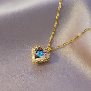 14K Gold Plated Colorful Crystal Heart Necklace LisiZen Chic Ins Style Small Pendant Romantic Statement Jewelry Gift For Women