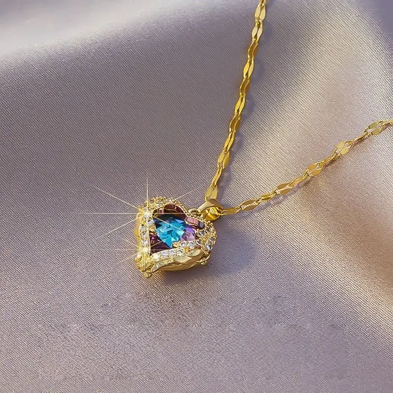 14K Gold Plated Colorful Crystal Heart Necklace LisiZen Chic Ins Style Small Pendant Romantic Statement Jewelry Gift For Women