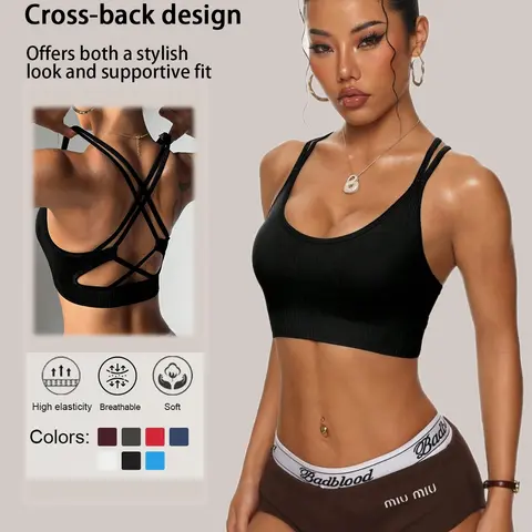 Women's Criss Cross Backless Sports Bra, Solid Color Breathable Comfortable Stretch Sports Bra, Strappy Sports Bras, Ladies Sportswear for Indoor Outdoor Wear, Sporty Bra