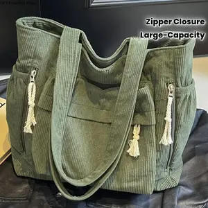 Women Large Capacity Corduroy Tote Bag Heavy Duty Multi Compartment Fixed Strap Zipper Closure Travel Handbag Olive Green Navy
