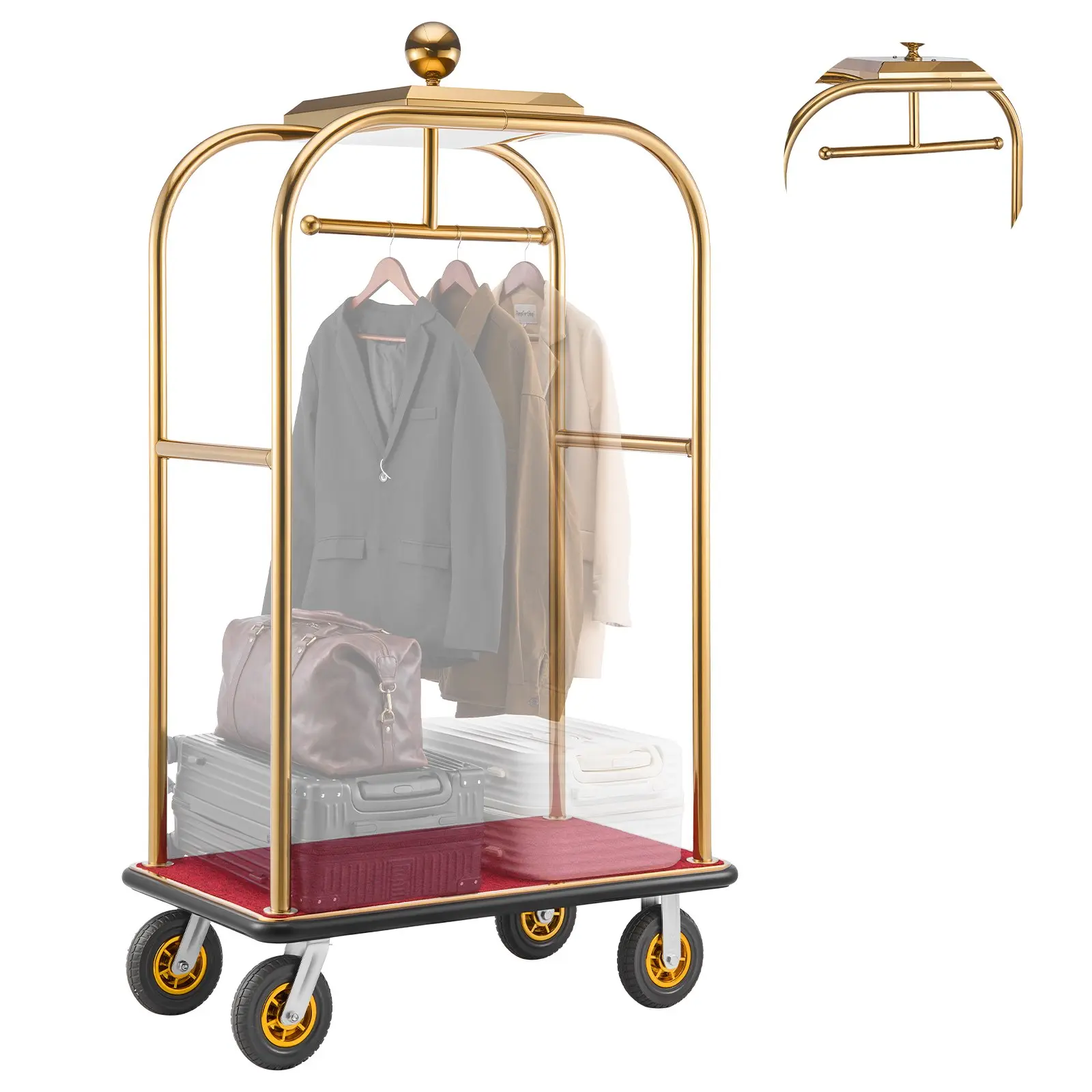 【DealsForYouDays】VEVOR Heavy Duty Bellman Cart, Stainless Steel Frame, 1200 lbs Capacity, 8 in Rubber Wheels, Red Carpeted Deck, 1080x640x1940 mm (42.5x25.2x76.4 in), 81.1 lbs Commercial Rolling Trolley for Hotels, Resorts