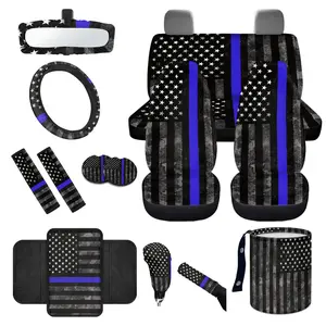 American Flag 14 PCS Car Seat Covers Set for Auto Decoration, Car Steering Wheel Cover Seat Belt Covers Trash Bin Rear View Mirror Cover Auto Armrest Cushion Coasters, Patriotic 4th of July Decor