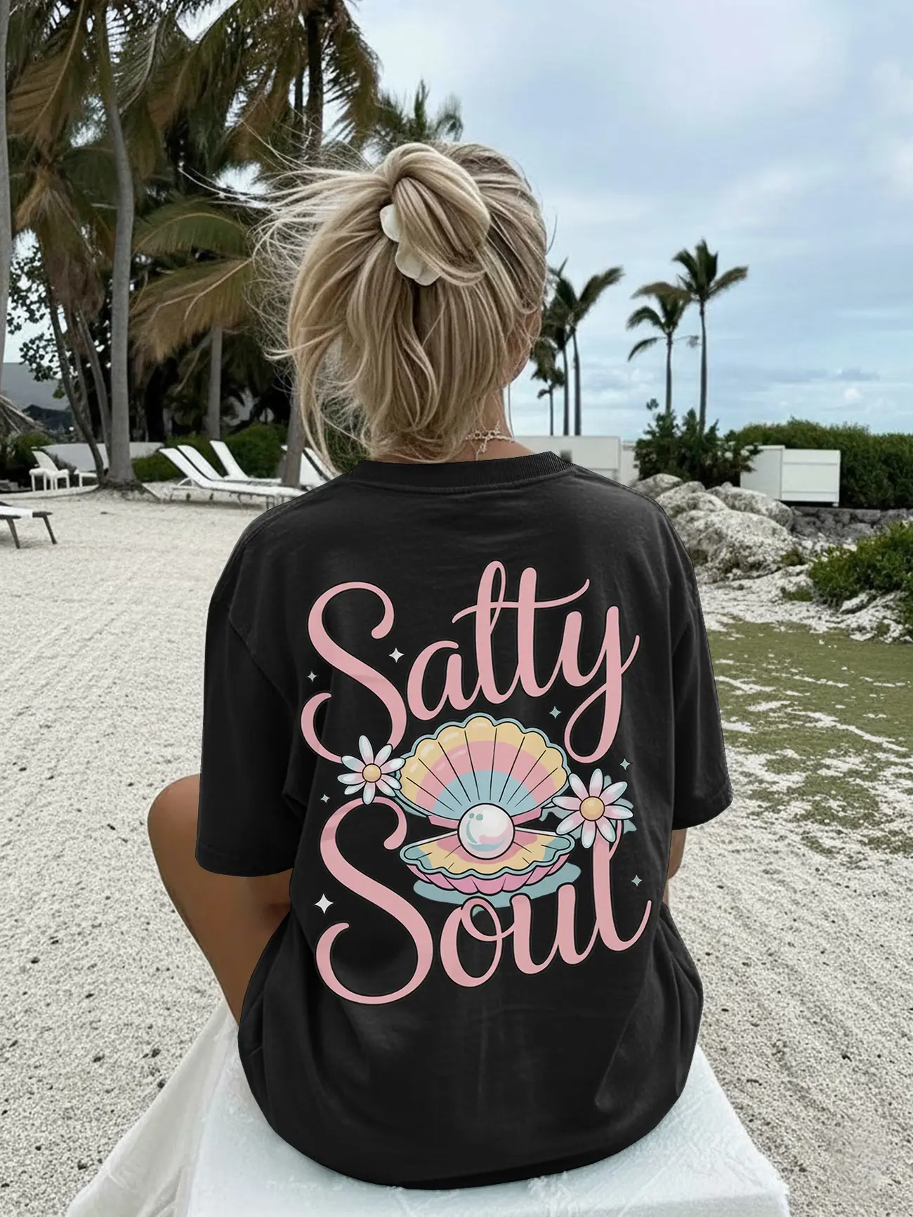 Women's Summer Top/Sweet Style/Double-Sided Print with Seashell, Pearl, and Flower "Salty Soul" Print/Short Sleeve/Round Neck/Oversized Drop-Shoulder T-Shirt