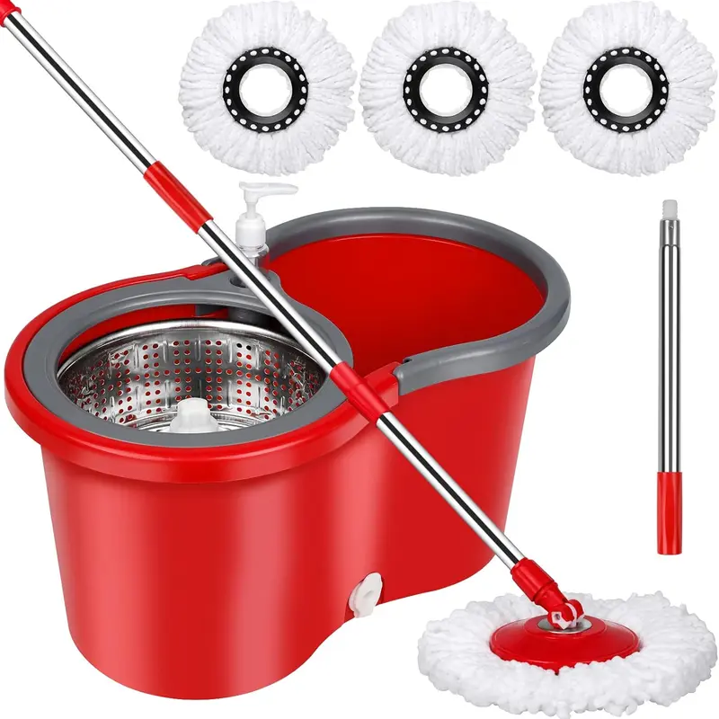 Red Floor Mop and Plastic Bucket System Home Cleaning Bundle - Adjustable Length Stainless Steel Pole, 3 Absorbent Microfiber Mop Heads, Wring System for Vinyl, Hardwood Surfaces, Fits All Heights