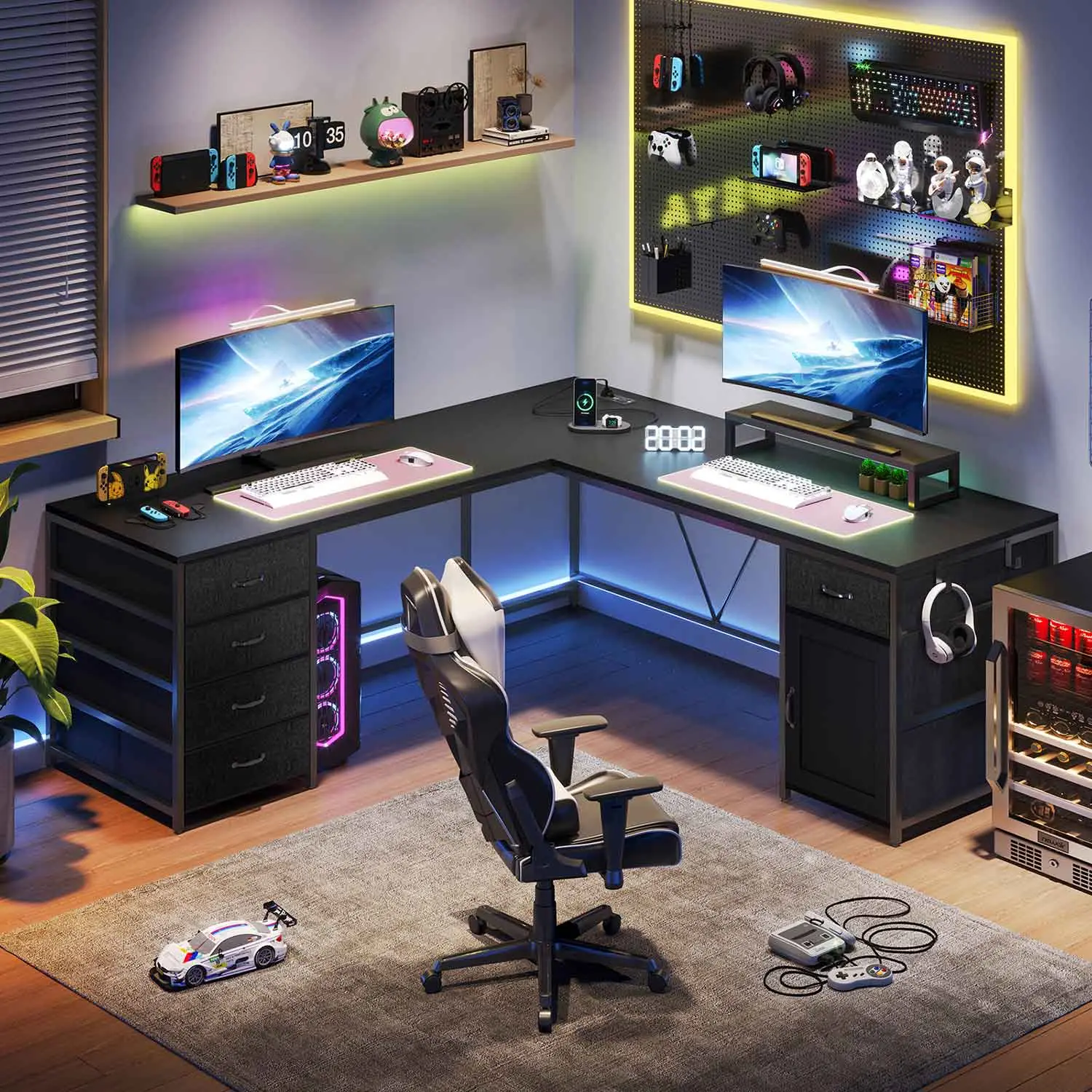 Sedeta 63 in L-Shaped 2-Person Desk (L-Shaped Workstation) with Multiple Drawers, Storage Cabinet, Charging Port, Ergonomic Swivel Office Chair, Easy Assembly, Large Corner Space for Home & Commercial Office Use, Two Person Desk