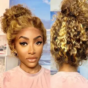 30 36 Inch Highlight 360 Deep Wave Wig Hidden Invisible Strap 360 Full Lace Front Wigs Human Hair 180% Density Ombre Honey Blonde Drawstring Wig Human Hair For Women Pre Plucked Colored 4/27 Glueless Curly Wig Human Hair