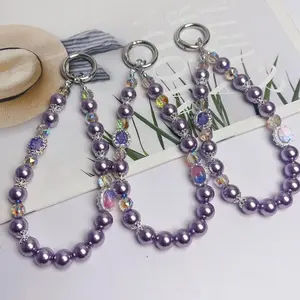 Light Luxury Pearl Beaded Mobile Phone Lanyard, Amethyst Bag Keychain Pendant.