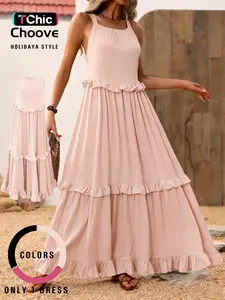 Women's Maxi Dress with Ruffle Hem, Loose Fit Basic Casual Summer Dress, Plain Pattern, All Seasons Wear, Vacation Style, Womenswear